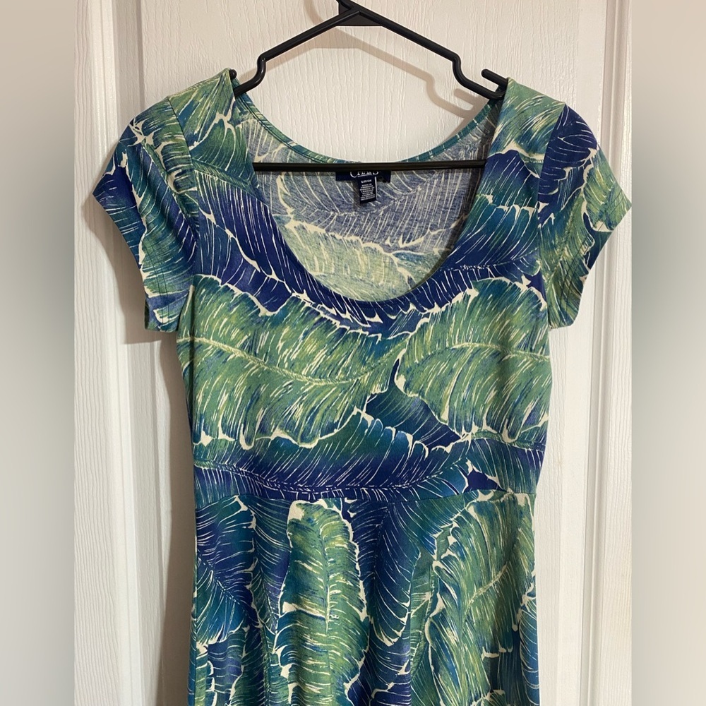Chaps Leafy Tropical Maxi Short Sleeve Cotton Green & Blue Dress Size Small - Picture 3 of 8